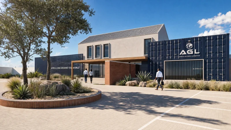 The arrival forecourt in the sun with a round brick planter, the office and navy cladding behind