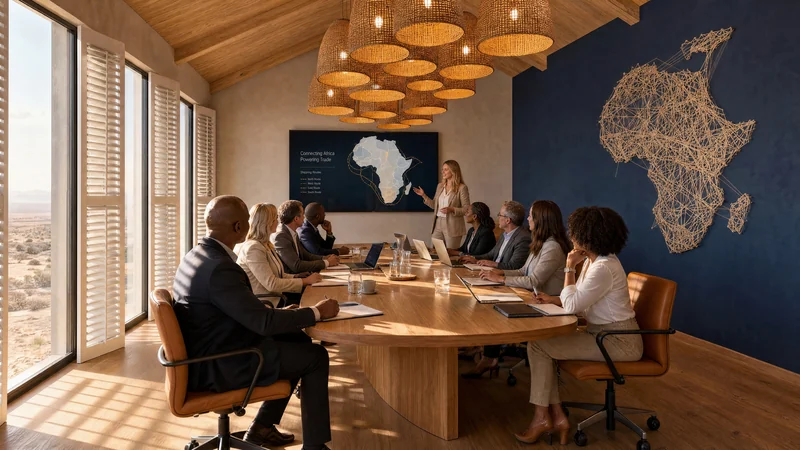 A board meeting under woven pendant lights, a presenter at a screen showing an Africa shipping map, a navy wall with a string-art map of Africa