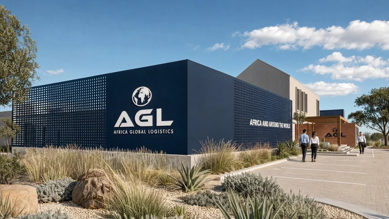 The dark navy perforated block with the white AGL globe logo in the sun, coastal grasses, aloes and boulders in front