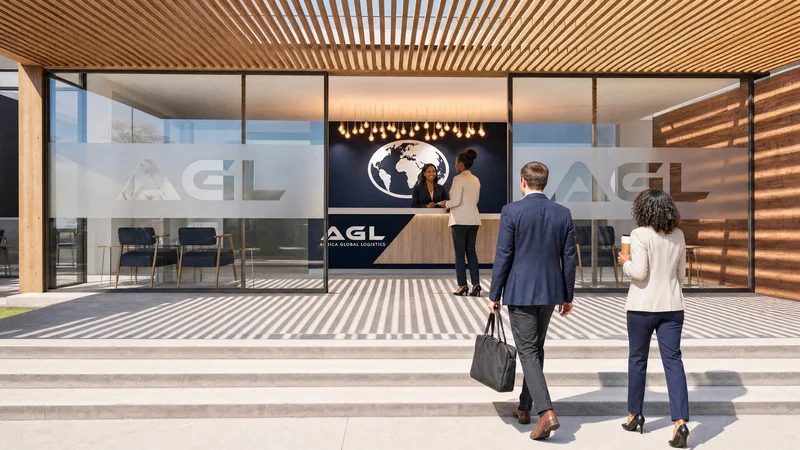 People walking into the reception under a timber-slat pergola, the receptionist greeting a visitor at the navy AGL counter