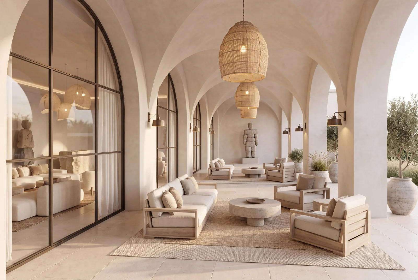 A vaulted arcade with woven lanterns and linen lounge furniture