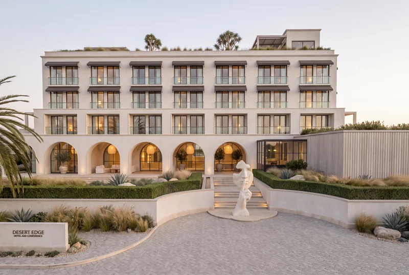A stone-white facade above a deep arcade, with a cobbled arrival court and a travertine sculpture