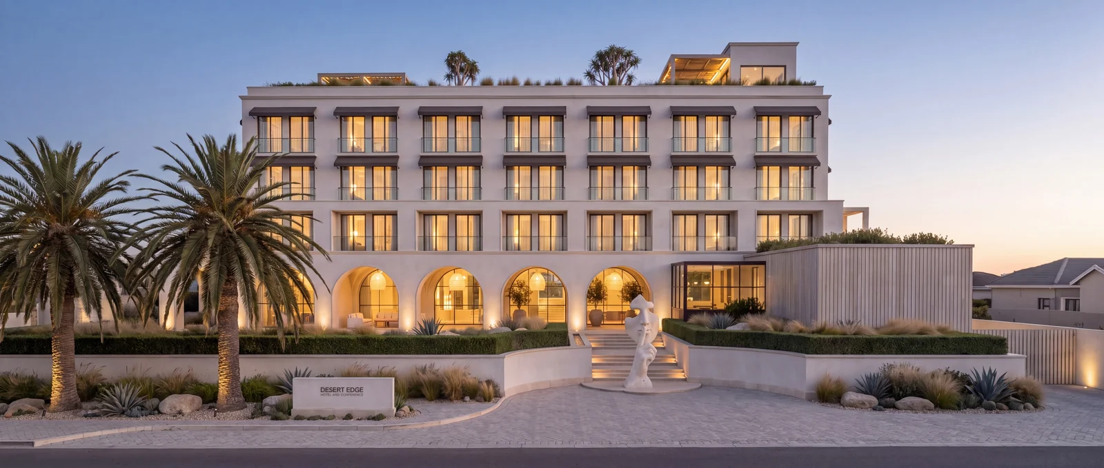 Desert Edge at dusk: a stone-white hotel with a lit arcade of arches, palms and a travertine sculpture