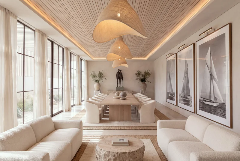 A glass pavilion with an oak-slat ceiling set for a board meeting