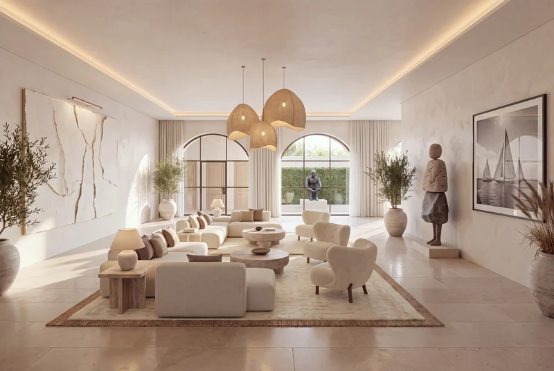 A tall lounge with low boucle sofas under woven chandeliers