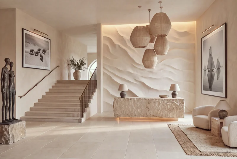 A limestone reception block against a wall of carved plaster dunes