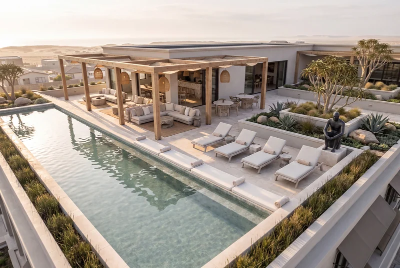 A rooftop pool with pergolas, loungers and quiver trees, facing the dunes and sea