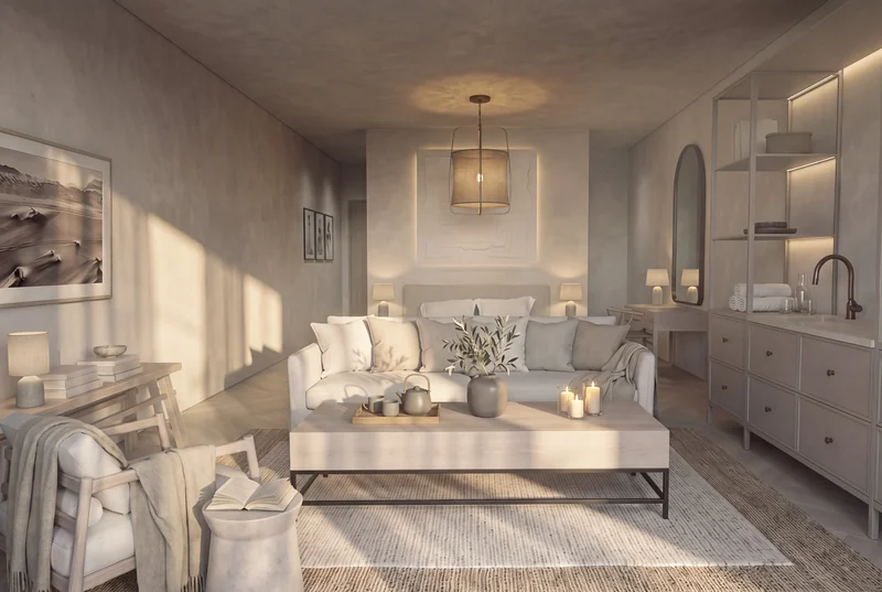 A limewashed studio room with linen and pale oak