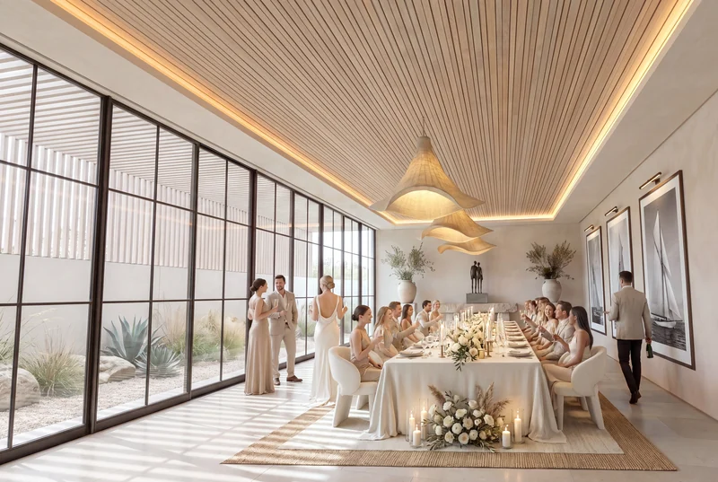 A long candlelit wedding table in the glass pavilion