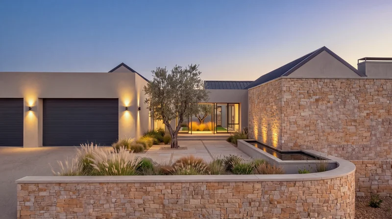Arrival court at dusk with a curved stone wall, water channel and olive tree