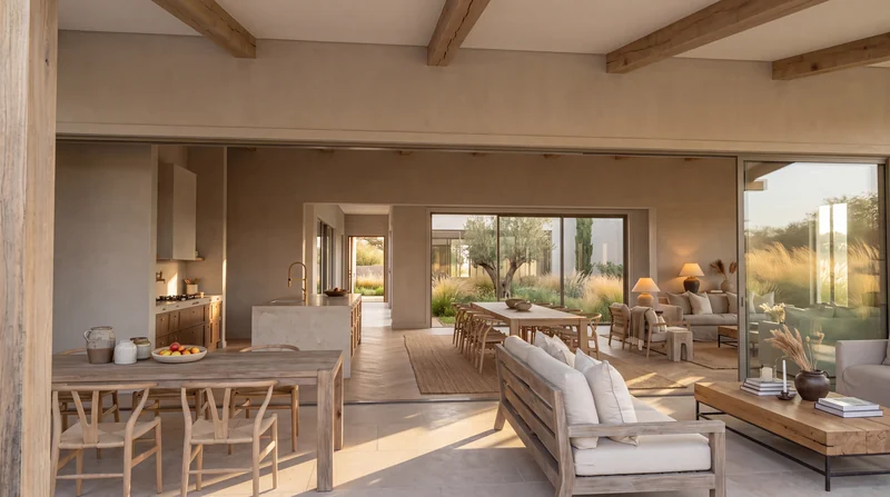 Open verandah with timber beams leading into kitchen and living spaces