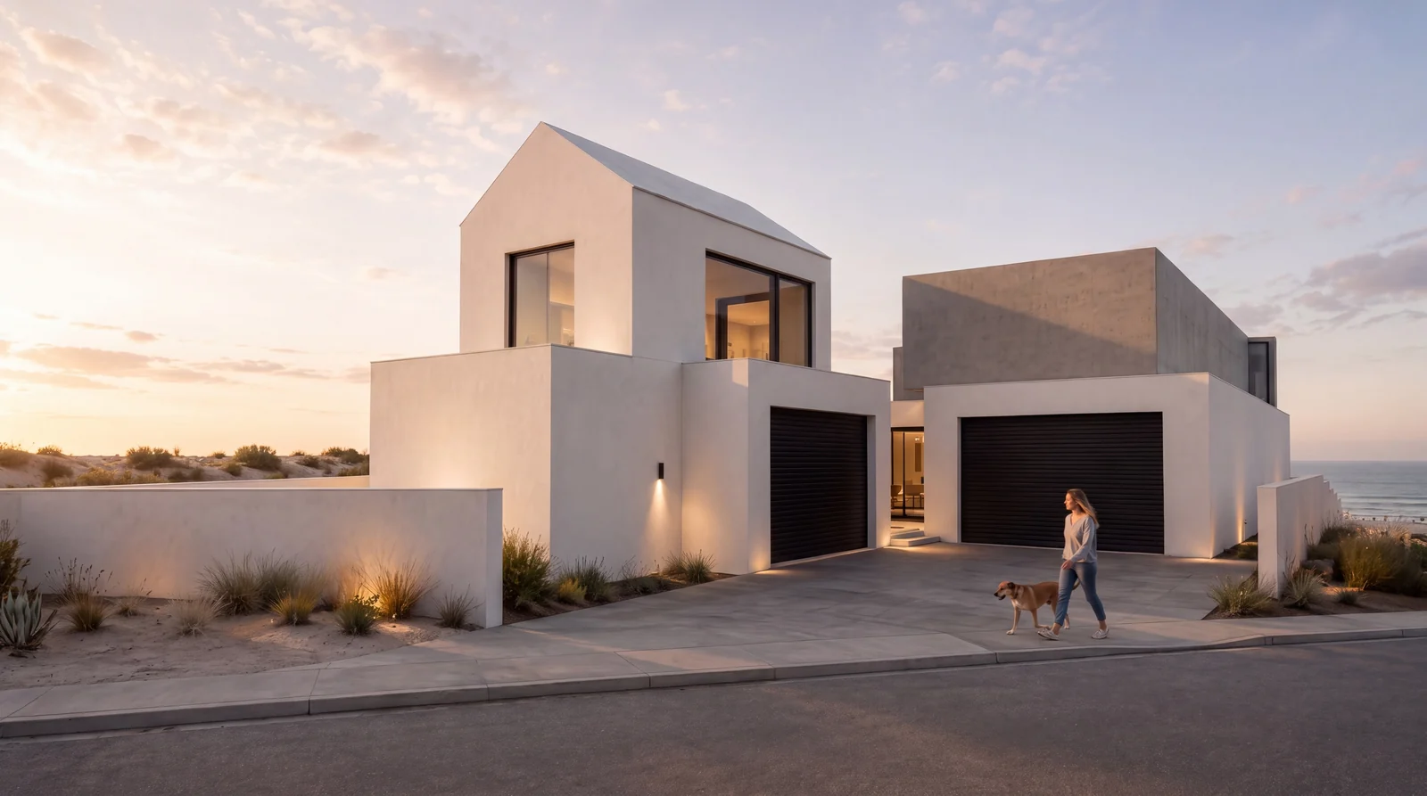 The street side of the house: a white gable, low white walls and two dark garage doors in warm evening sun