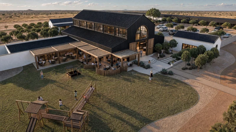 Aerial view of the barn, the restaurant terrace and the playground with children