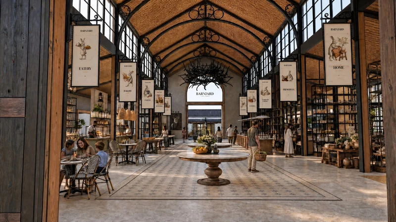 Inside the market hall: black steel arches, rattan ceiling, hanging department banners and shoppers