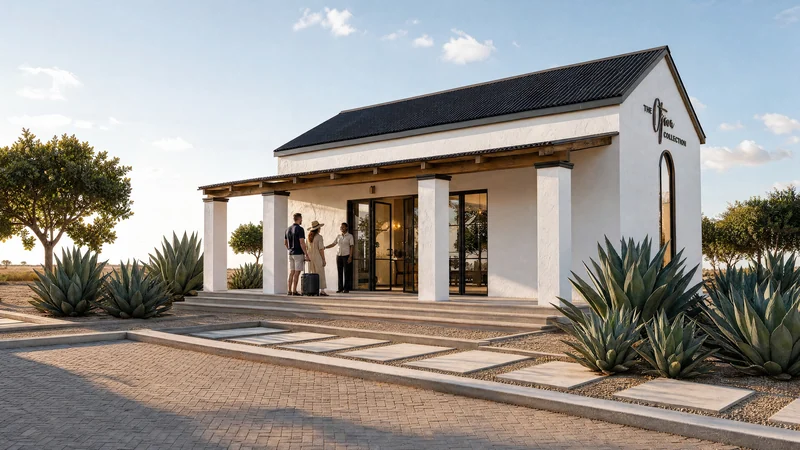 A white farmhouse reception with a timber verandah and guests arriving
