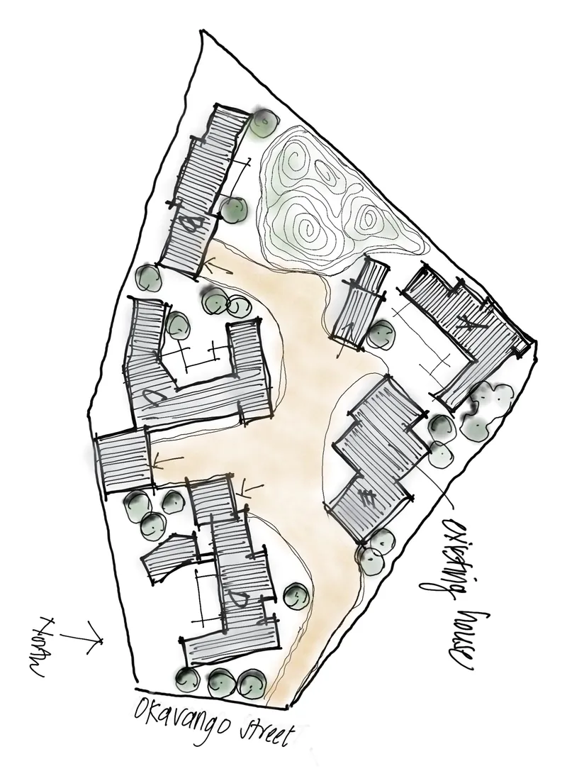 Hand sketch of the Ondondu Village site plan: five houses around an existing house and a mountain